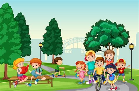 Free Vector | Children enjoy with their activity in the park scene