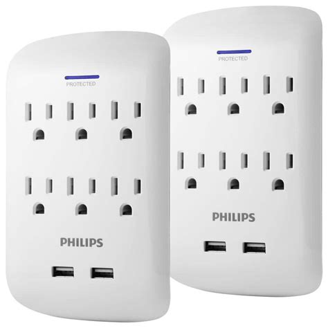 Philips 6-Outlet 900J Surge Protector Outlet Extender with 2 USB Hub, White (2-Pack) SPP6266WB ...