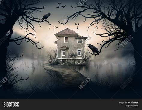 Haunted House on the Lake with Dark Horror Atmosphere. Haunted Lake Scene House. Stock Photo ...