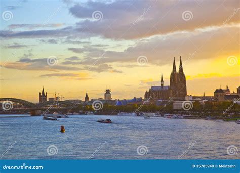 Townscape of Cologne in Sunset with Dome and River Rhine Stock Photo ...