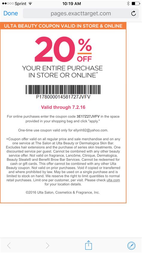 Ulta Coupon! 20% off entire purchase | Beauty coupons, Shopping coupons ...