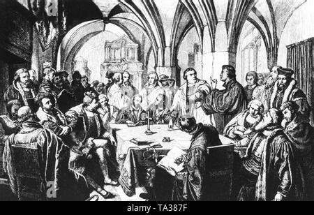 Martin Luther and Ulrich Zwingli in Marburg during the Marburg Colloquy ...