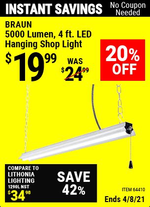 BRAUN 4 Ft. LED Hanging Shop Light for $19.99 in 2021 | Harbor freight ...