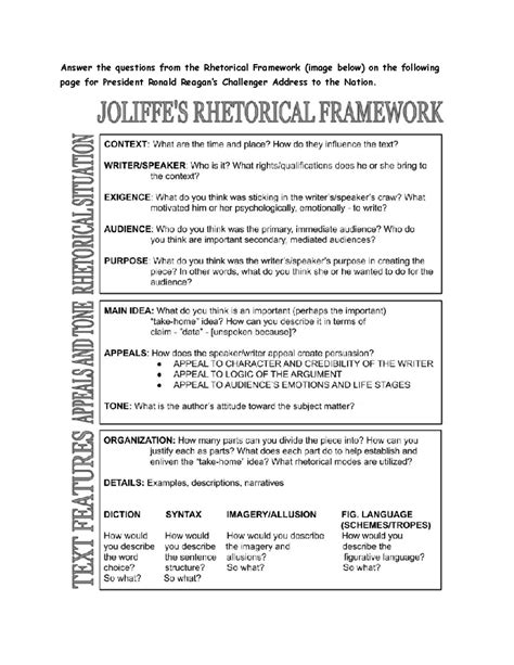 Rhetorical Framework Ronald Reagan Challenger Speech - Answer the questions from the Rhetorical ...