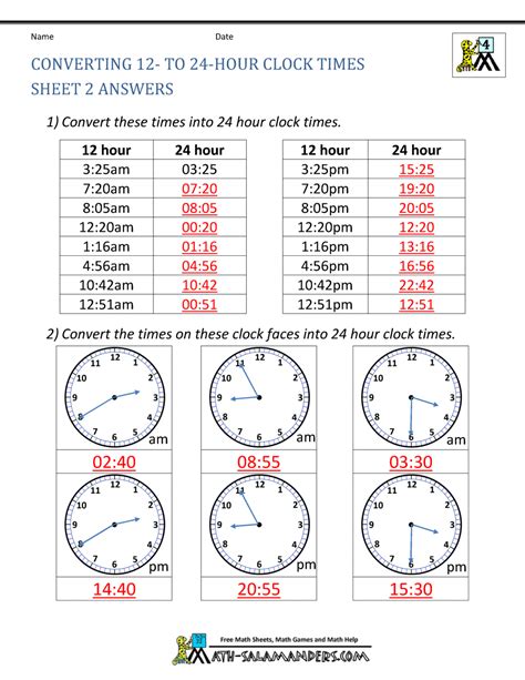 24 Hour Clock Conversion Worksheets