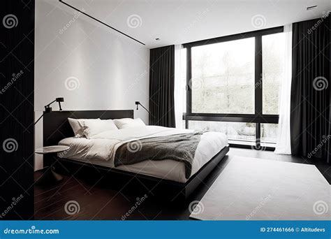 Minimalist Bedroom with Black Furniture and White Bedding Stock ...