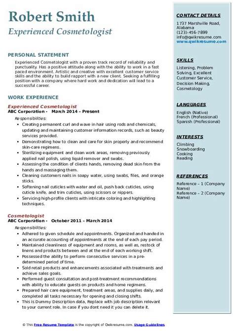 Cosmetologist Resume Samples | QwikResume