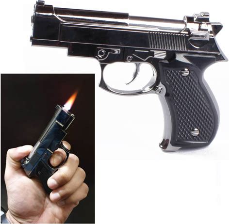 FASTIDIOUS Premium Silver Gun Pistol Lighter - Windproof Jet Flame ...