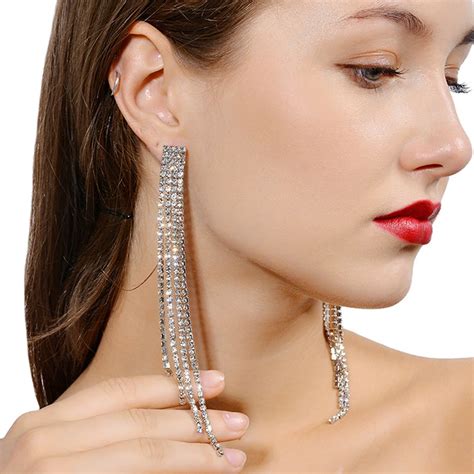 Sexy Exaggerated Long Tassel Rhinestone Dangle Earrings for Women Shiny Diamante Earing Brincos ...