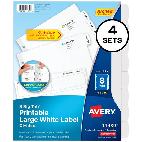 Avery Big Tab Printable Large White Label Dividers with Easy Peel, 8 ...