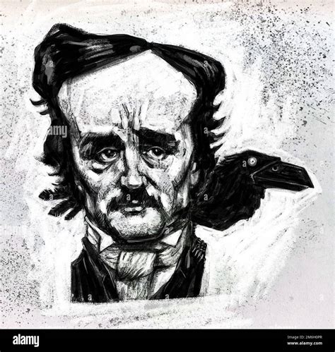 Art illustration of American writer & poet Edgar Allan Poe, with raven on his shoulder, ref The ...