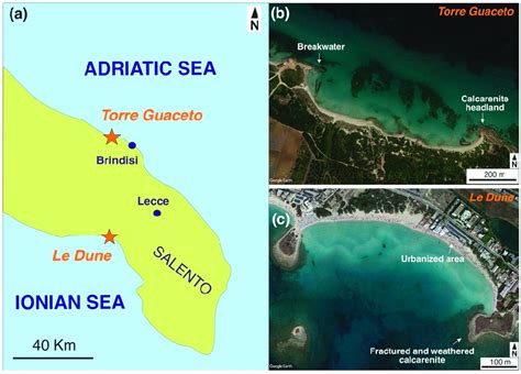 Coastal features of Torre Guaceto and Le Dune beach. (a) Geographical... | Download Scientific ...