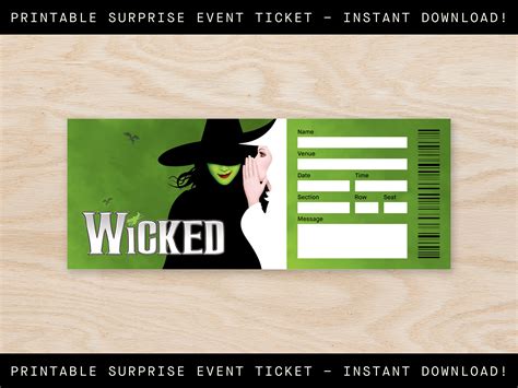 Printable Wicked Broadway Ticket Surprise, Musical Collectible Theater Ticket, Editable Musical ...