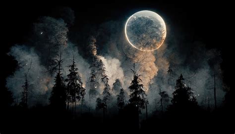 Premium Photo | Full moon in the night sky forest landscape with black ...