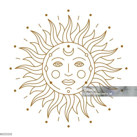 Mystical Golden Stylized Boho Chic Tattoo Sun With Face Stock ...