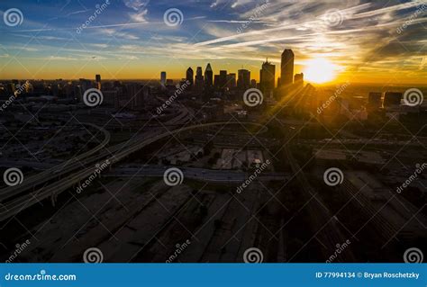 Dallas Texas Skyline Downtown Cityscape Sunrise Sun Rays Over Urban Prawl Massive City Stock ...