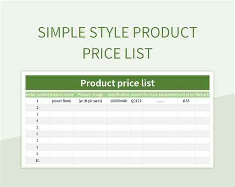 Simple Style Product Price List Excel Template And Google Sheets File For Free Download - Slidesdocs