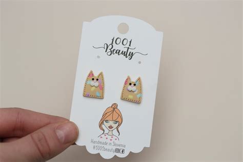 Cat Earrings Polymer Clay Fimo Stud Handmade Jewelry Cute Woman Gift Colorful Turquoise Animal ...