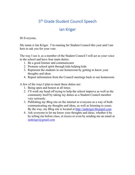 5th Grade Student Council Speech Ian Kriger