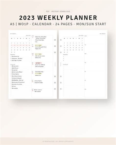 A5 Inserts 2023 Weekly Planner PDF Printable Refill Weekly - Etsy