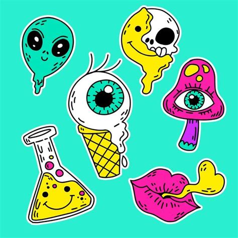 Free Vector | Hand-drawn acid colors funny sticker set | Рисунки sharpie, Нарисованный, Артбуки