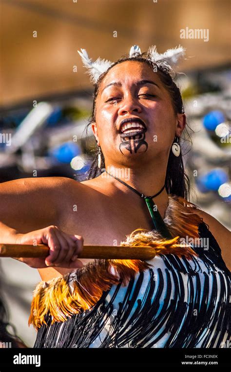 Maori woman performing the haka (war dance) at Melbourne Festival ...