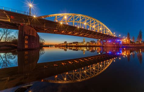 Wallpaper bridge, reflection, river, Netherlands, night city, illumination, Netherlands, Arnhem ...