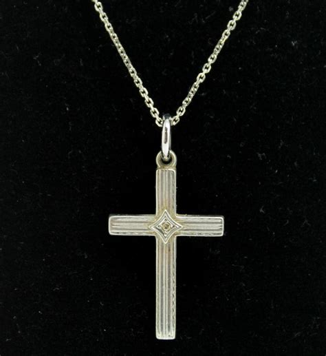 Vintage Solid White Gold Diamond Cross Pendant on 14K White Gold Chain Necklace