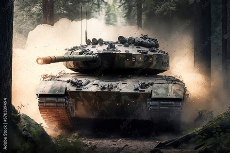 ภาพประกอบสต็อก Camouflage leopard-2 tank in forest with trees and dust. Support attacking weapon ...