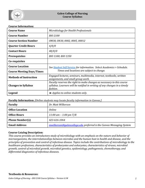 BIO2100+Syllabus+Summer+2023 - Galen College of Nursing Course Syllabus ...