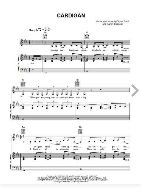 Taylor Swift Cardigan Piano Sheet Music - E Major in 2020 | Sheet music, Digital sheet music, Music