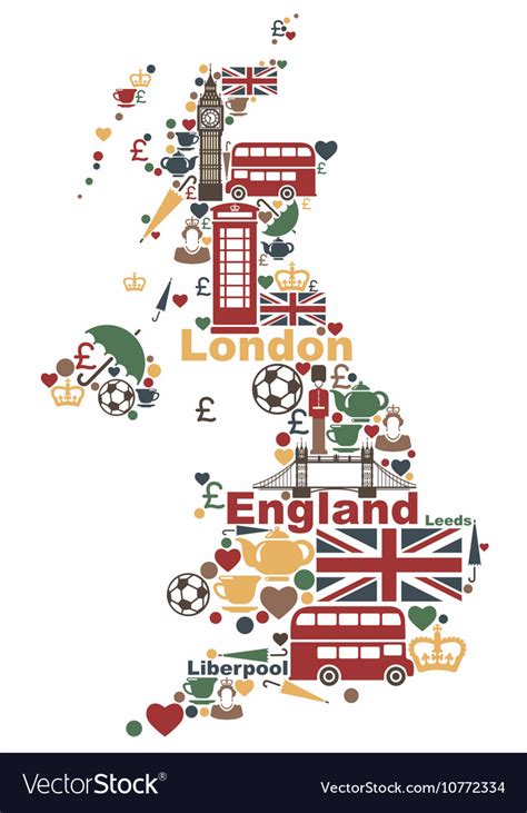 Symbols of the uk in the shape of a map Royalty Free Vector