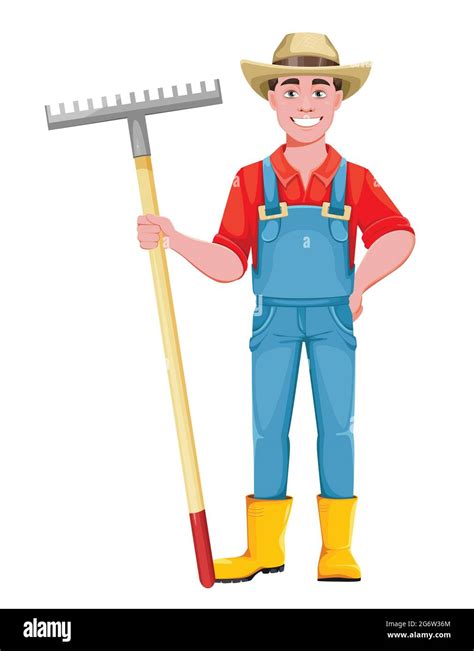 Handsome man farmer. Cheerful male farmer cartoon character with rake. Stock vector illustration ...