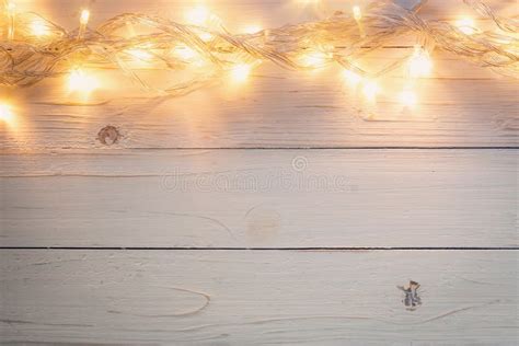 Christmas Background And Lights Garland On Wood Background With Stock Image - Image of glitter ...