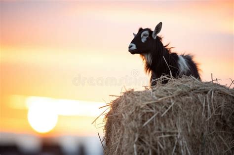 Goat Silhouette Against a Sunset on a Vertical Hay Bale Stock Image ...