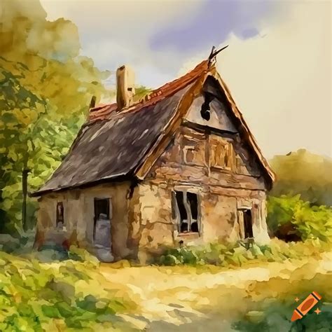 Digital watercolor painting, old village homestead, inspiration art by peder mork monsted