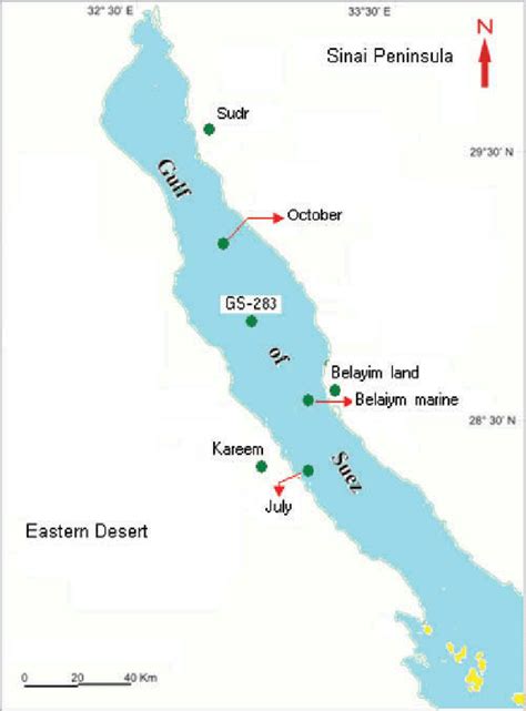 Location map of the studied oil wells in the Gulf of Suez, Egypt. | Download Scientific Diagram