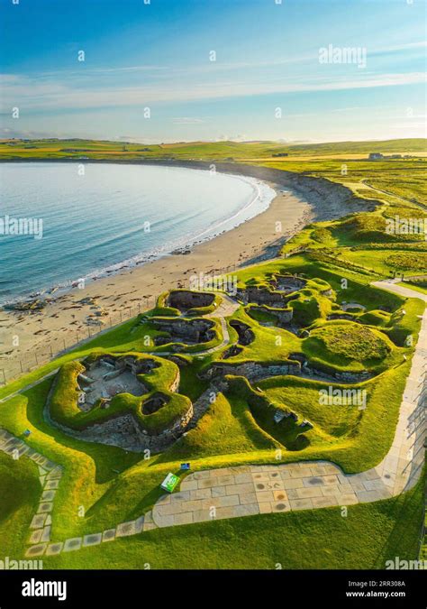 Aerial view of Skara Brae stone-built Neolithic settlement, located on ...