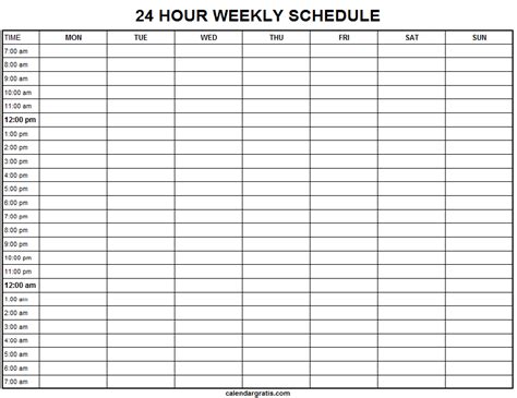 24 Hour Weekly Schedule Template Pdf