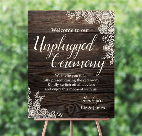 Rustic Wood & Lace 'Unplugged Wedding Ceremony' Sign from £35.00 each