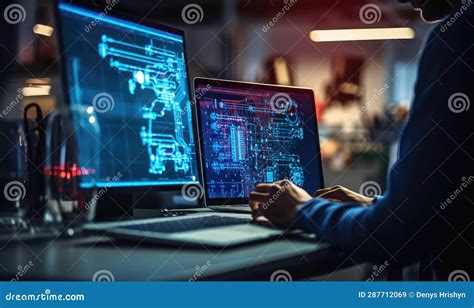 Photo of a Person Working at a Desk with a Laptop and Computer Monitor Stock Illustration ...