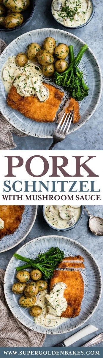 Pork schnitzel with creamy mushroom sauce | Supergolden Bakes