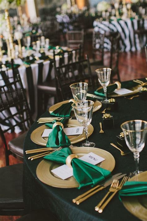 Tablescape. Gold Wedding. Place Setting. Menu Card. Napkin Fold. Emerald Green. Weddin… | Green ...