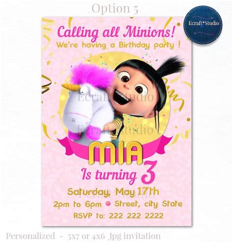 Agnes Invitation - Minions Invitation - Agnes Birthday - Agnes Despicable me - Agnes Unicorn ...