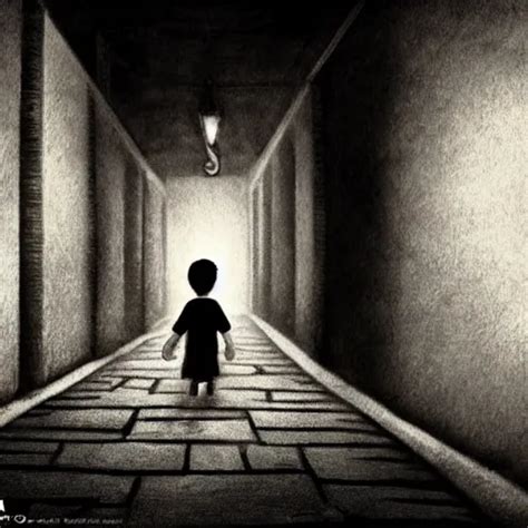 A small child walking alone in a dark alley, scary | Stable Diffusion