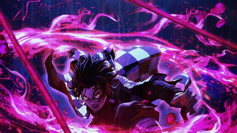 Demon Slayer Tanjiro Kamado Around Purple Lightning With Black Background HD Anime Wallpapers ...