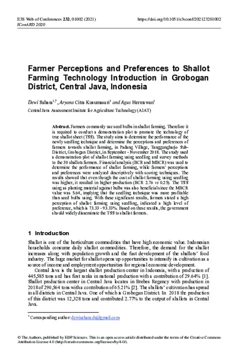 (PDF) Farmer Perceptions and Preferences to Shallot Farming Technology Introduction in Grobogan ...