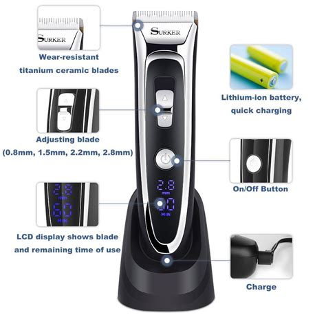 SURKER Rechargeable Hair Clipper Trimmer Beard Shaver Cordless Washable LED Display Ceramic ...