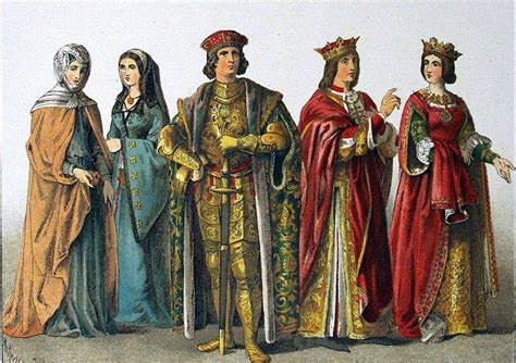 Spanish clothing circa 1400, according to Costumes of All Nations (1882) | Medieval, Medieval ...