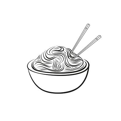 Chinese Noodles Black Ink Outline Drawn On White Background Handdrawn ...